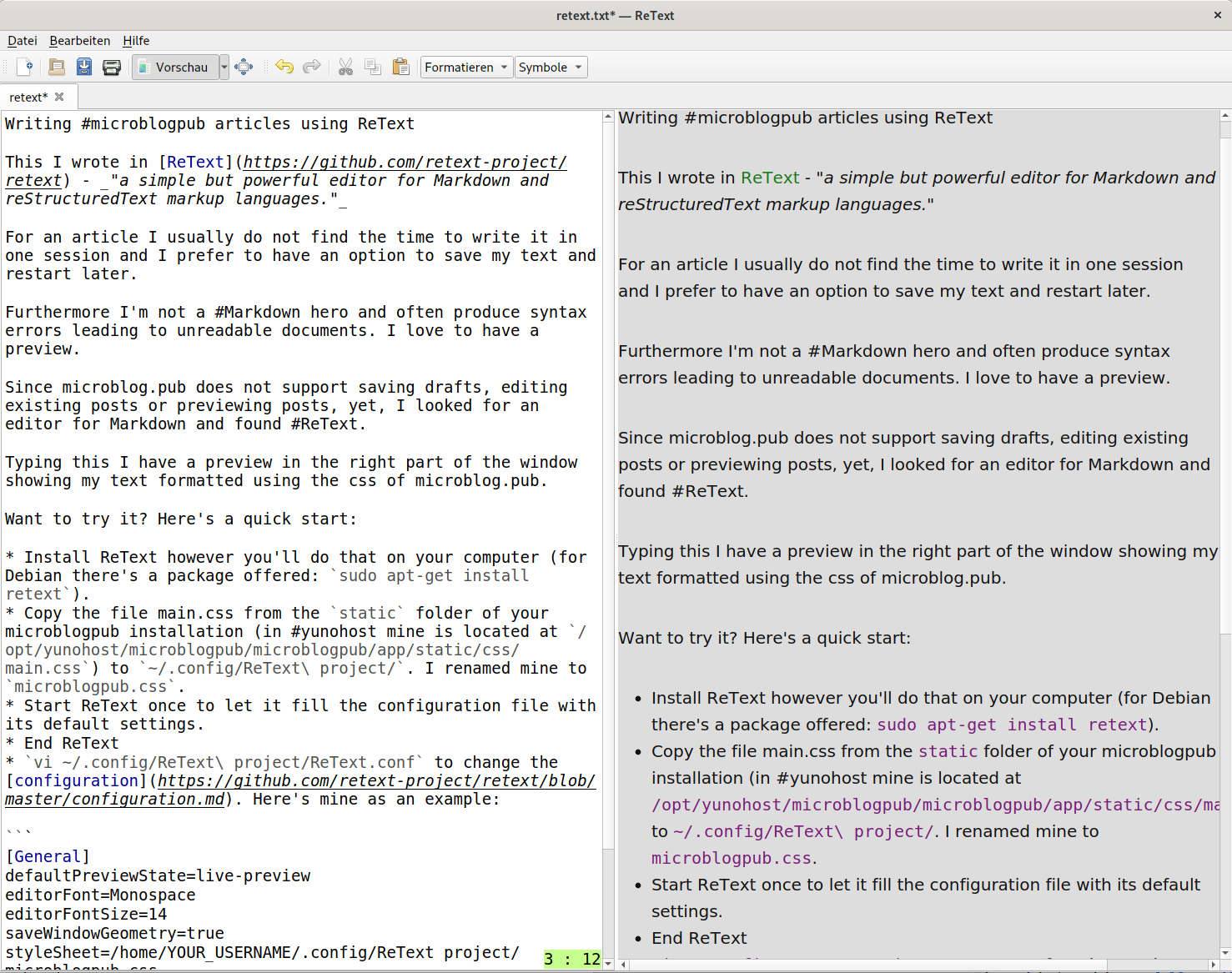 Screenshot showing my retext window (in german) with the live preview of my microblogpub css in the right window half.